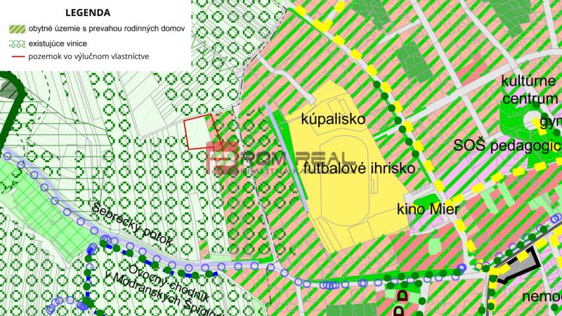 The zoning map in Modra shows residential plots and existing vineyards.