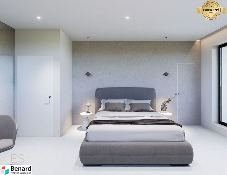 A bedroom with a gray bed and nightstands in a three-room apartment.