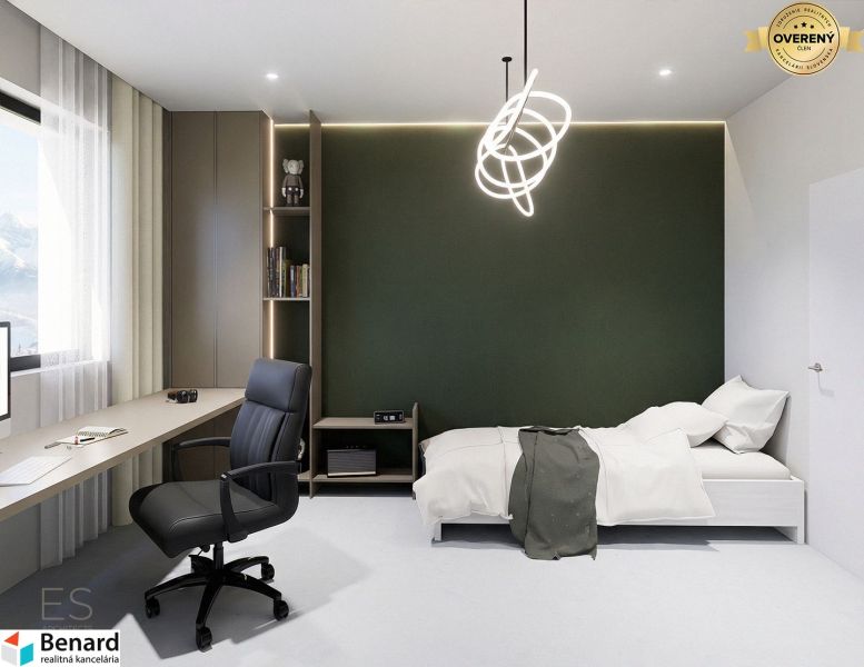A study and bedroom in a three-room apartment with designer lighting and a view of the mountains.