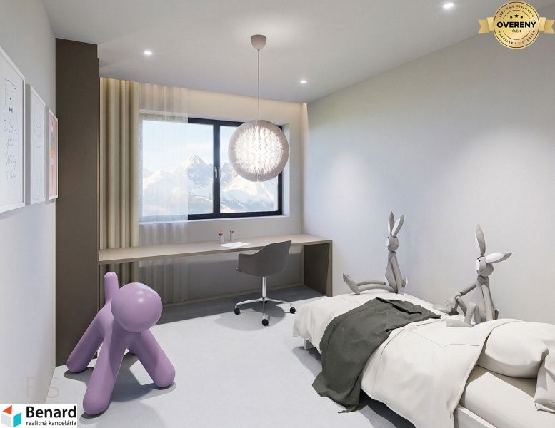 Children's room in a 3-room apartment with toys and a view of the mountains, floor with wooden decor.