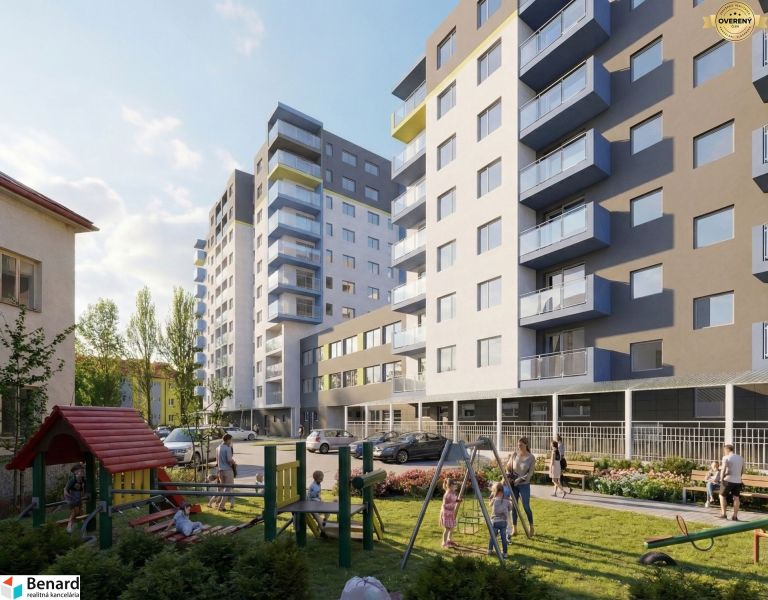 Apartment complexes and a children's playground in Poprad, offering 3-bedroom apartments.