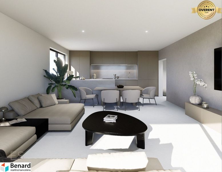 Living room in a 3-room apartment with furniture and a plant, interior in light shades.
