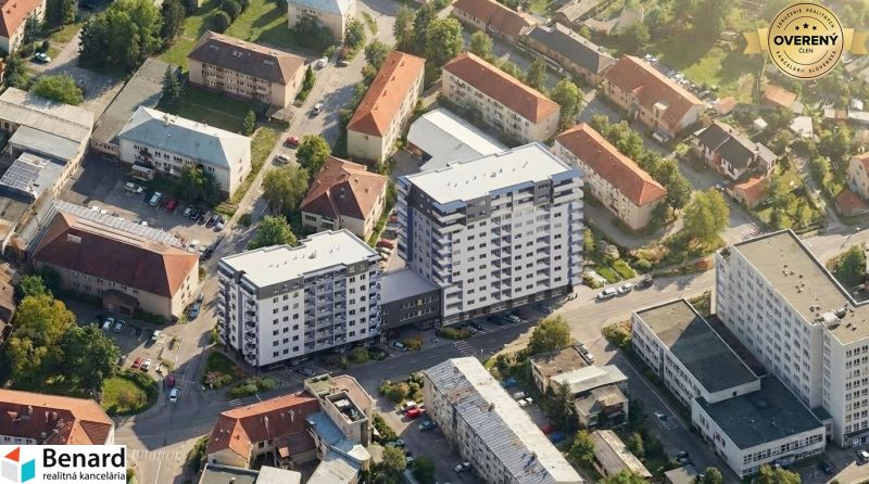 Aerial view of residential buildings and the surroundings of a 3-room apartment in Poprad.