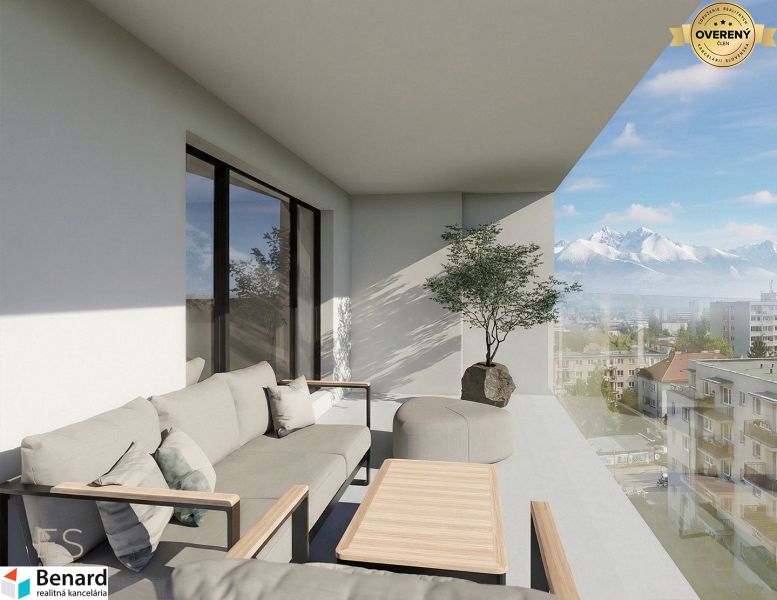 A spacious terrace of a 3-room apartment in Poprad with a view of the Tatras.