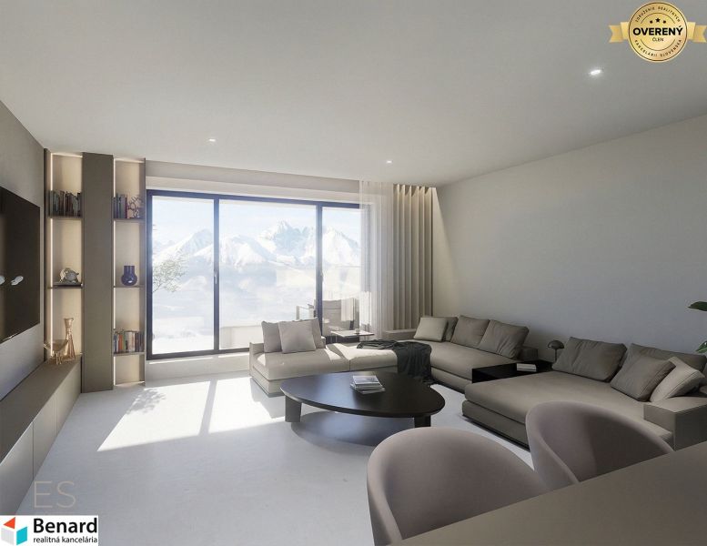 Living room of a 3-room apartment with large windows and a comfortable sofa set.
