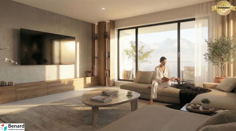 Living room with a corner sofa, wooden decor flooring, and a large window in a 2-room apartment.