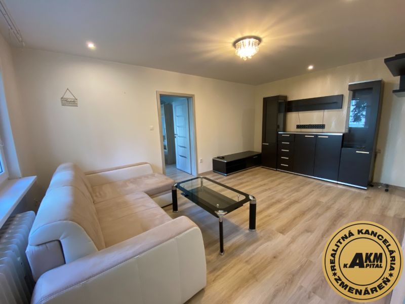 Living room in a 2-room apartment with a comfortable sofa and a wooden decor floor.