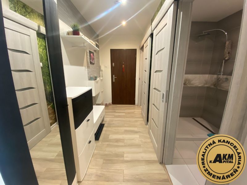 A hallway with a wooden decor floor in a 2-room apartment with a shower.