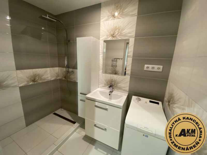 Bathroom with a sink cabinet, shower corner, and washing machine in a 2-room apartment.