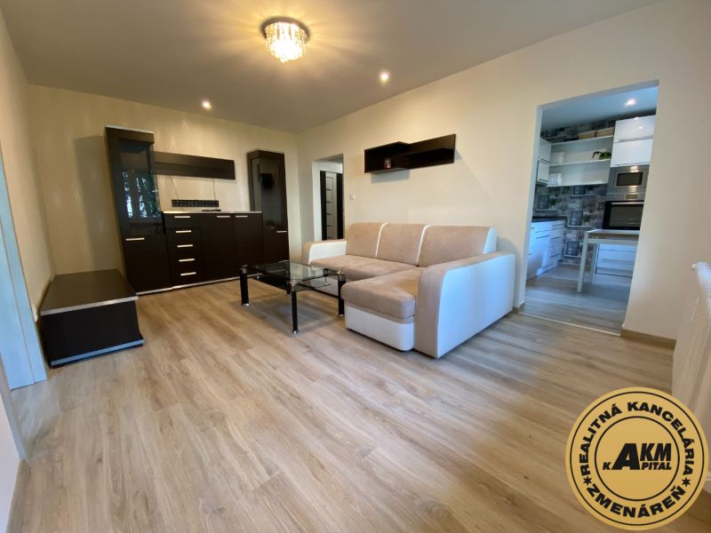 Living room in a two-room apartment with a wooden decor floor and a comfortable sofa.