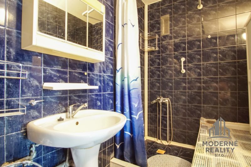 A bathroom in a 3-room apartment with dark tiles and a shower corner.
