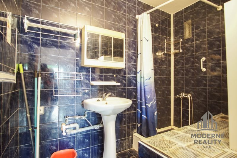 A bathroom with a shower and blue tiles in a 3-room apartment.