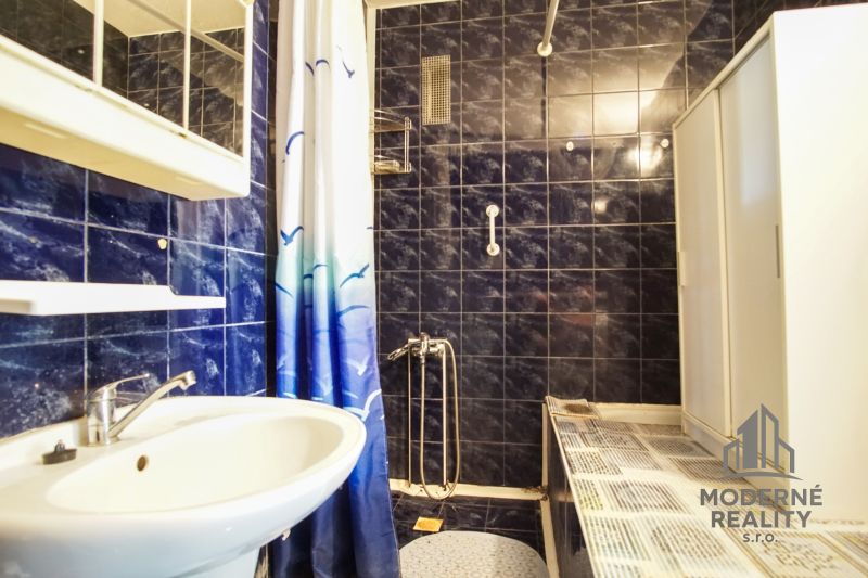 A bathroom in a 3-room apartment with dark blue tiles and a shower corner.