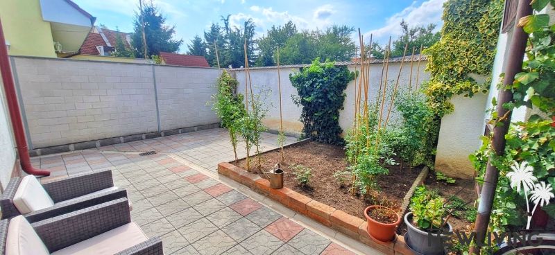 The garden of a family house in Bodona, Piešťany with plants and rattan seating.