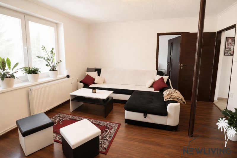 Living room with a corner sofa, wood-patterned flooring, and houseplants.