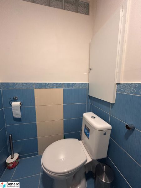 A bathroom with a toilet with blue tiles in a 3-room apartment.