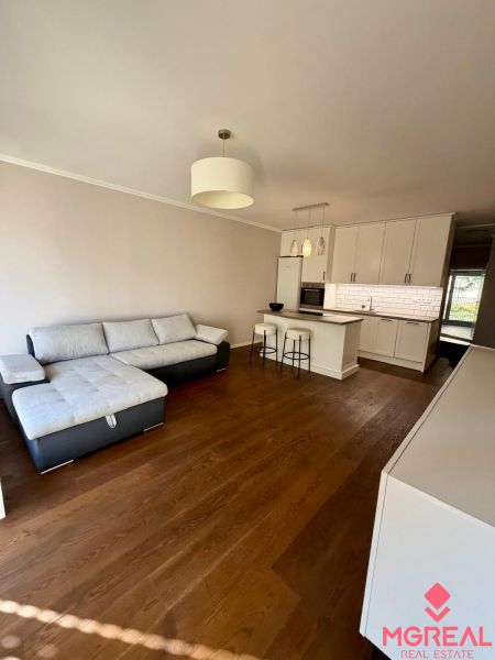 Living room in a 2-room apartment with a wooden decor floor and a comfortable sofa.