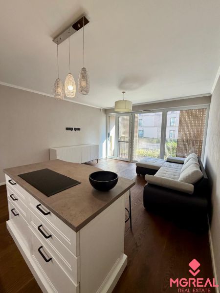 Living room in a 2-room apartment with a kitchen counter, sofa, and wooden decor flooring.
