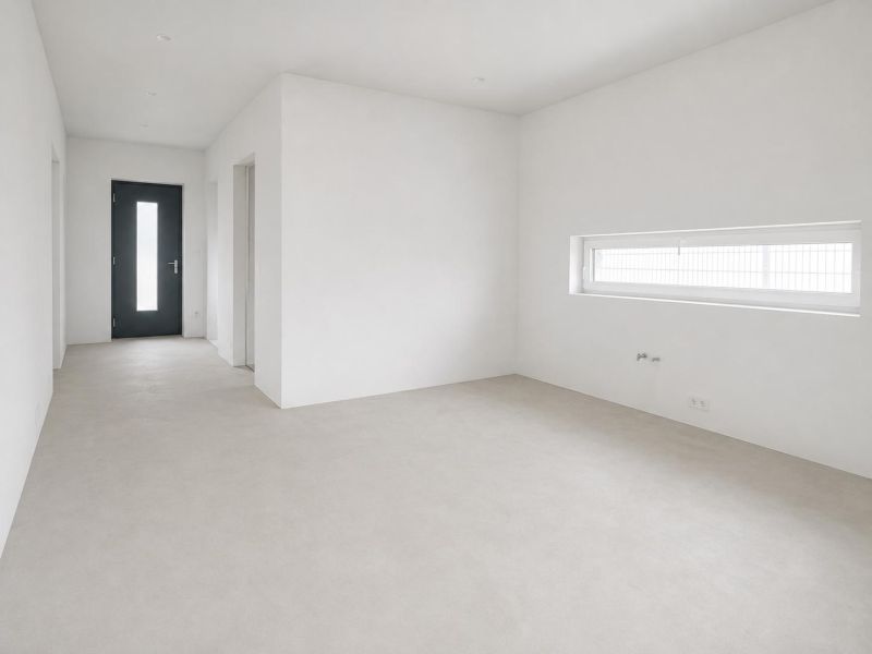 Empty room in a Family House with white walls and a rectangular window.
