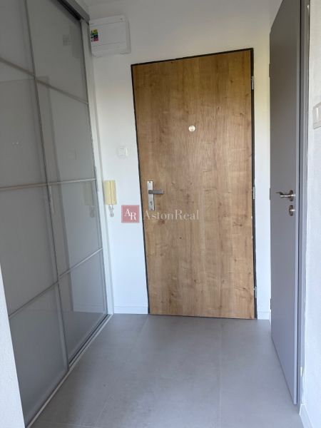 Entrance area of a 1-room apartment with wooden decor and sliding wardrobe.