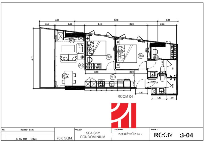 Floor plan of a 3-room apartment with an open living area and wooden decor flooring.