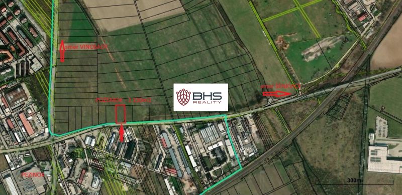 Aerial view of commercial land near Šenkvická Road in Pezinok.