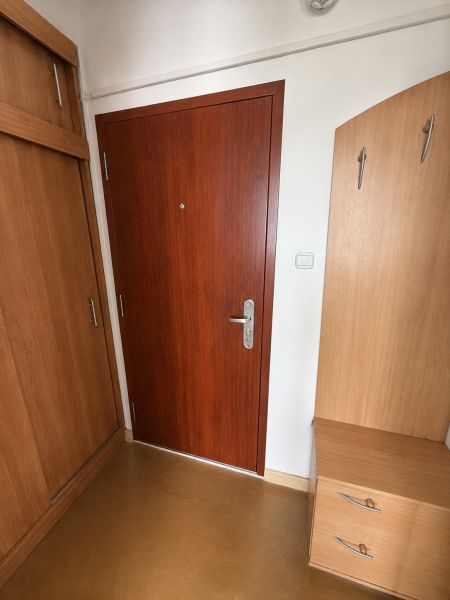 Wooden doors and a wardrobe in a three-room apartment with a floor featuring a wooden decor.