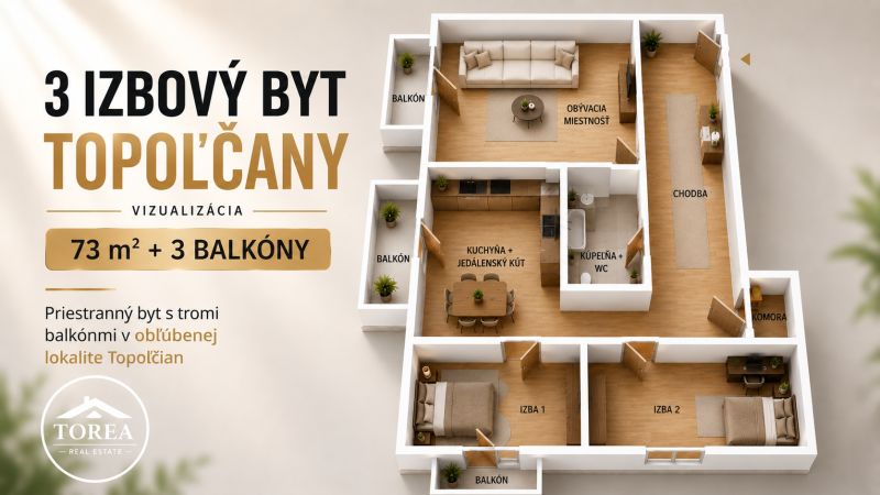 Visualization of a 3-room apartment in Topoľčany with wood-patterned flooring, 73 m², and balconies.