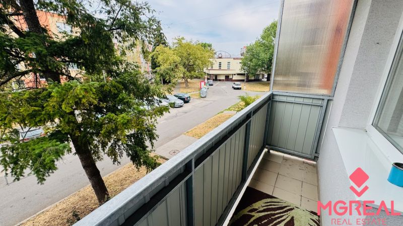 The balcony of a 3-room apartment on Malá okružná in Partizánske with a view of the street and trees.