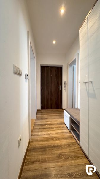 A hallway in a 2-room apartment with a wooden decor floor and built-in furniture.