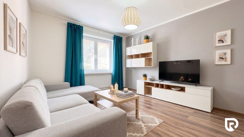 Living room with a gray sofa, television, and wooden decor flooring in a two-room apartment.