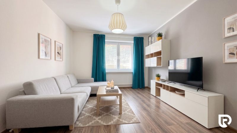 Living room in a two-room apartment with a wooden decor floor and a gray sofa.