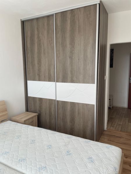 The studio apartment has a built-in wardrobe with sliding doors and a bed with a mattress.