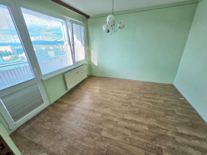 A room in a one-bedroom apartment with a wooden decor floor and light green walls.