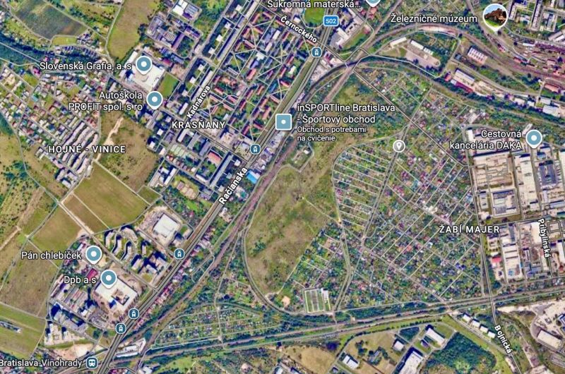 Satellite view of Gardens in the Žabí majer area, Bratislava - Rača, with buildings and greenery.