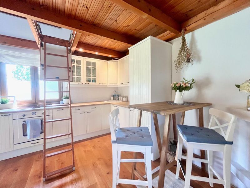 Interior of a garden with a kitchen, wooden ceiling, and floor with wooden decor.
