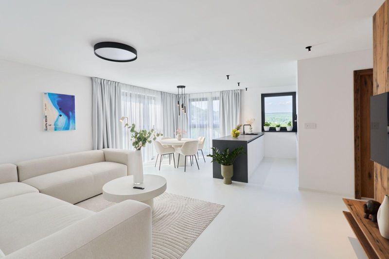 A bright living space in a 4-room apartment with a sofa, carpet, and kitchen island.