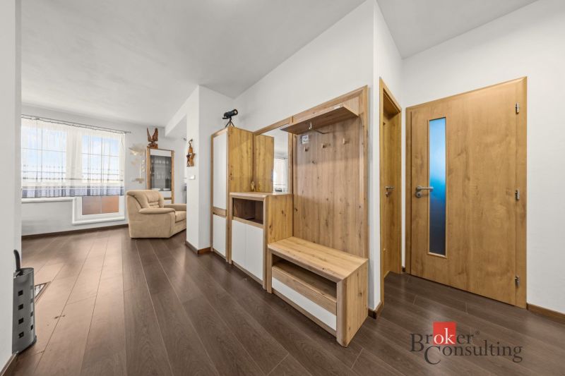Hallway and living room with a sofa, wardrobe, and wooden decor flooring in a 4-room apartment.