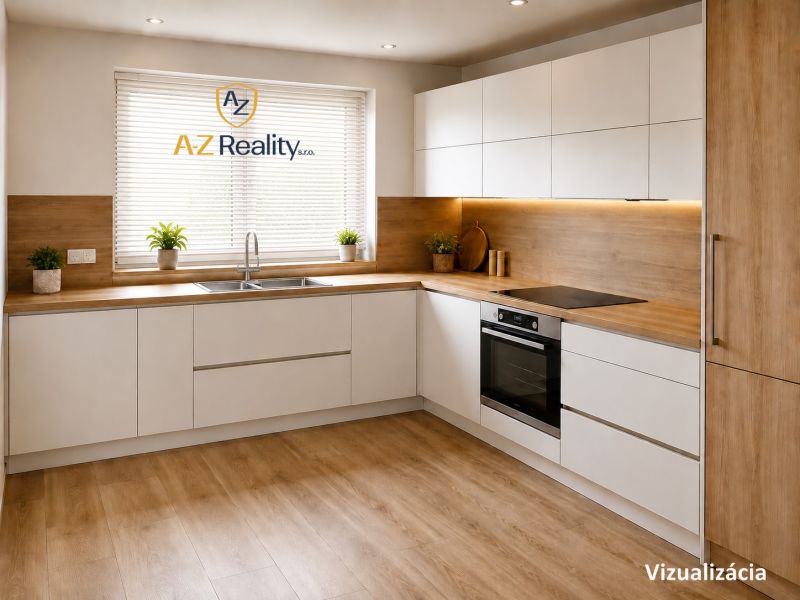 A kitchen in a 3-room apartment with a wooden decor floor and white cabinets.