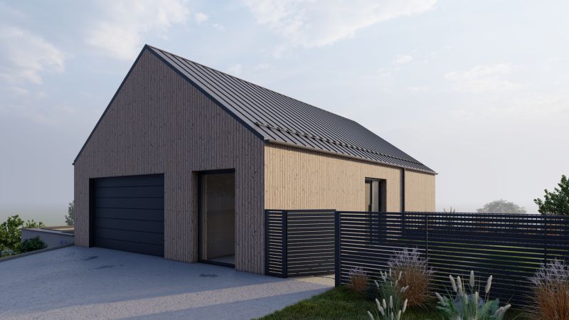 A family house in Staškov with wooden cladding and a black roof, with a lawn and a fence nearby.