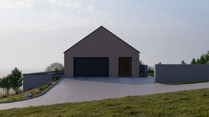 A family house in Staškov with wooden cladding and a simple roof.