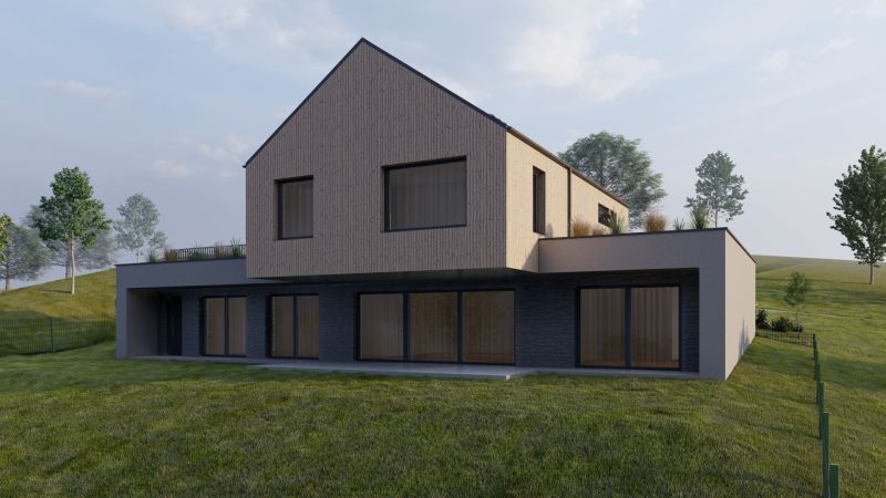 A family house in Staškov with wooden decor on a slope surrounded by greenery and trees.
