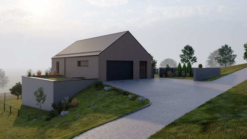 A family house in Staškov with modern architecture, a sloping plot, and a garage.
