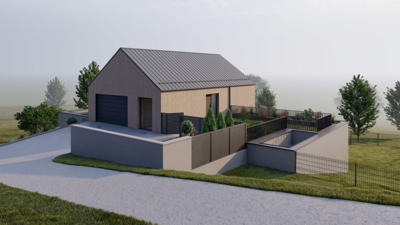 A family house in Staškov with a wooden facade decor and a garage, surrounded by greenery and a fence.