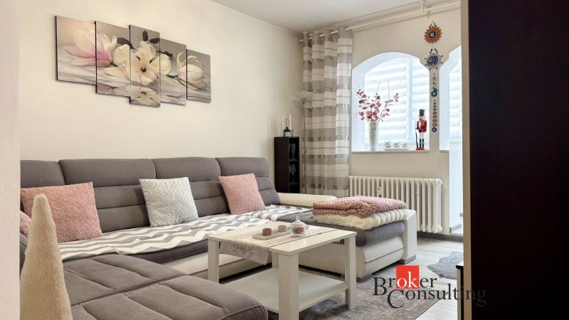 Living room in a 3-room apartment with a comfortable sofa, decorative pillows, and a coffee table.