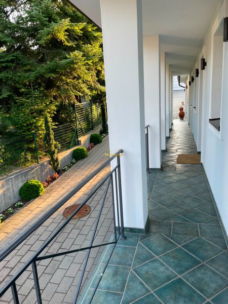 A sidewalk and terrace paving at a family house in Bratislava - Dúbravka, bordered by greenery and flowers.