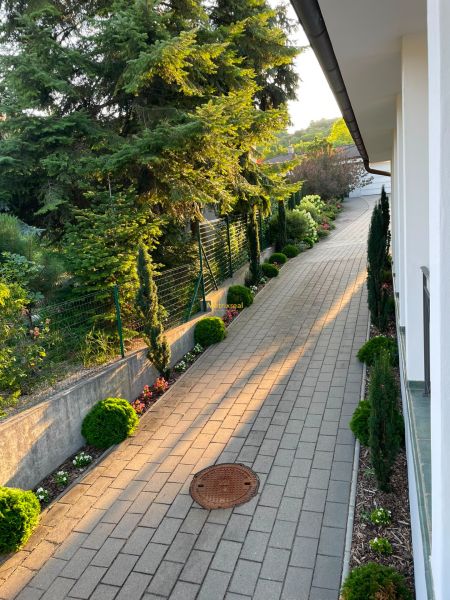 A well-maintained garden next to the walkway of a family house in Dúbravka, Bratislava.
