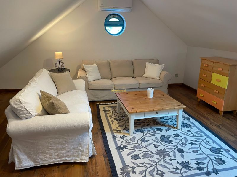 Attic room in a family house with sofas, a carpet, and a wooden decor floor.