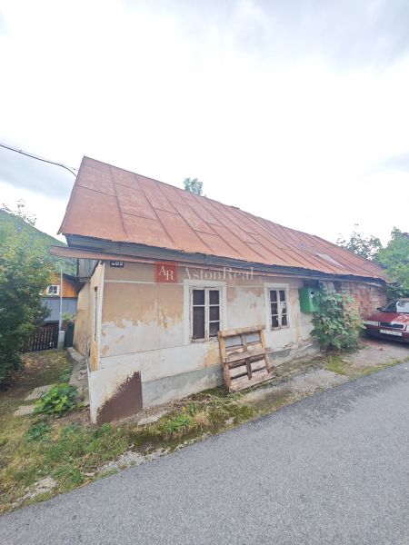 A family house in Špania Dolina with visible plaster and a metal roof.