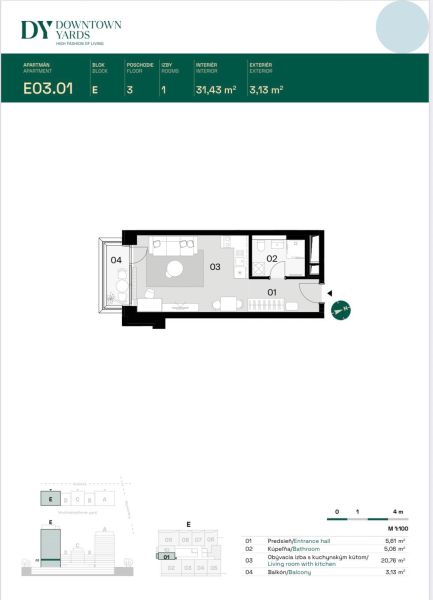 Floor plan of a 2-room apartment with a balcony, living room with kitchen.